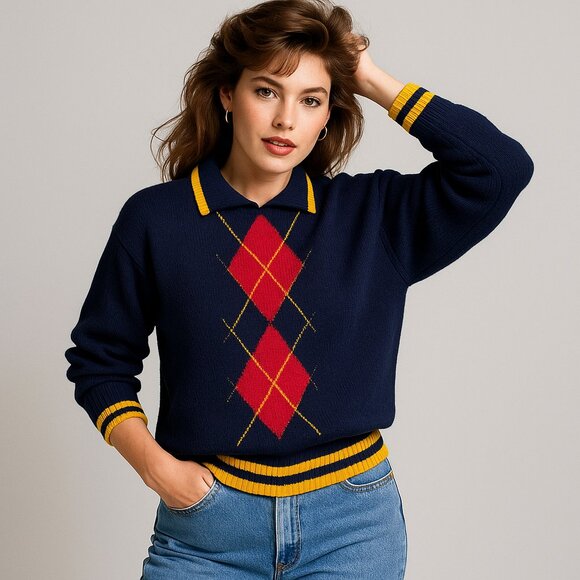 Esprit Sport M 80s Navy Yellow Argyle Wool Collared Sweater Preppy Collegiate - Picture 1 of 7